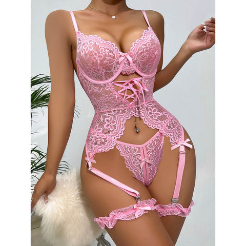 Elegant Floral Design Sexy Babydoll G-String Lace Corset Lingerie Set