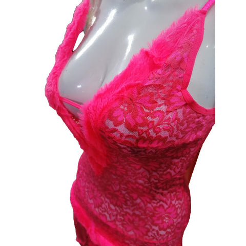 Women velet Net Furr Lace Embroidery Lingerie Two Piece Night Dress Lingerie Set